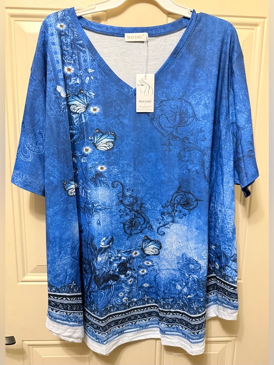 Moshu Tops - Moshu VNeck Pullover Tunic Top in Blue with Butterflies Size 4 XL